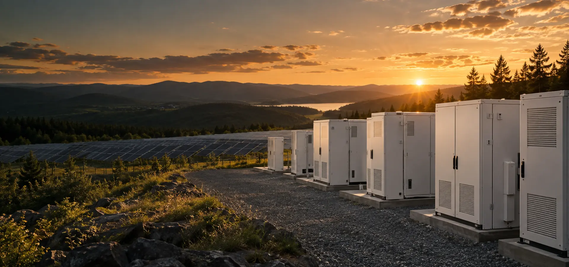 Industrial energy storage cabinets and solar panels at sunset